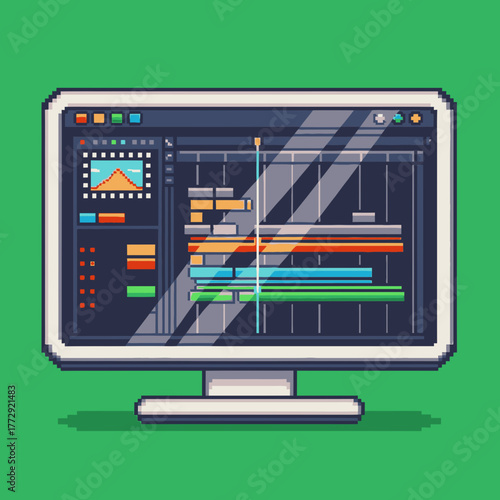 Pixel art illustration of a computer monitor displaying a video editing software interface with a timeline and tracks.