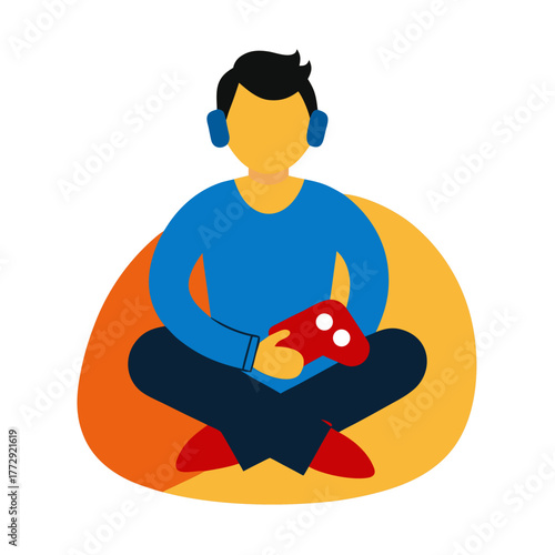 gamer avatar sitting on bean bag holding joystick 