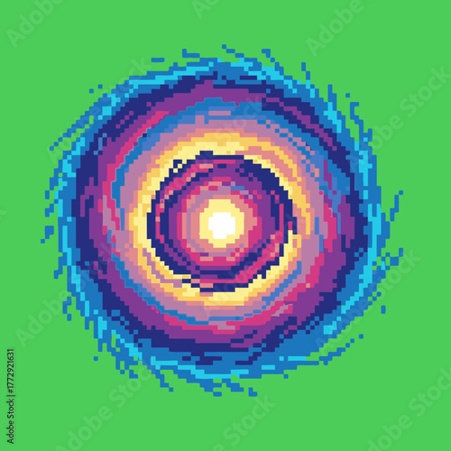 A vibrant pixel art illustration of a swirling cosmic vortex or portal with a bright glowing center on a green screen background.