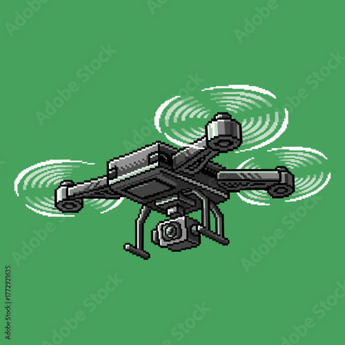 Pixel art illustration of a modern black quadcopter drone with a camera flying against a green background.