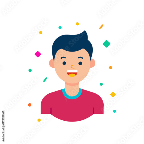 vector flat cartoon avatar of a startup founder joyful, confetti mini accents