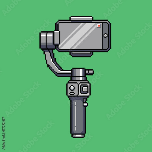 Pixel art illustration of a smartphone mounted on a handheld gimbal stabilizer against a green background.