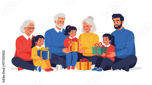 Family Gift Exchange: A multi-generational family joyfully exchanges gifts, celebrating togetherness, love, and the warmth of family bonds.