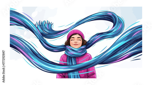 Winter Serenity: A woman, peacefully enveloped in a vibrant scarf, embodies tranquility and warmth, inviting a sense of calm against the winter chill.