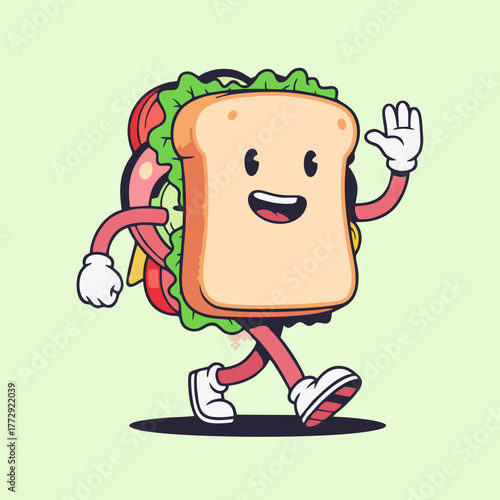 Cartoon sandwich character with anthropomorphic features and smiling face.