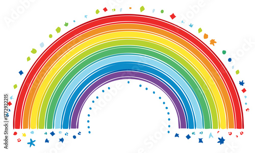 Colorful Rainbow Arc with Confetti and Stars Illustration, Multicolored Stripes, Graphic Design