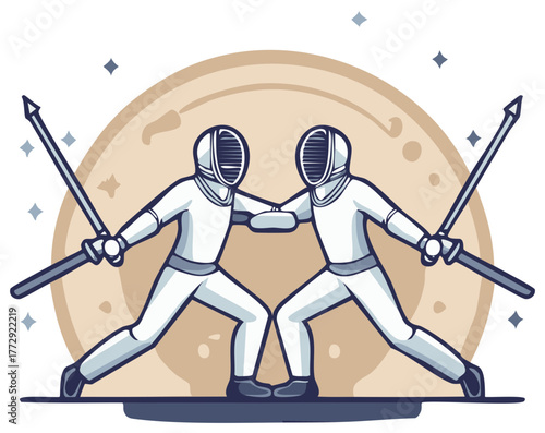 Two fencers face off in a fencing match, with foils drawn and poised to attack.