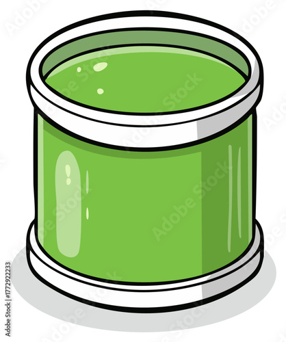 Cartoon illustration of a cylindrical container filled with green liquid and a white rim