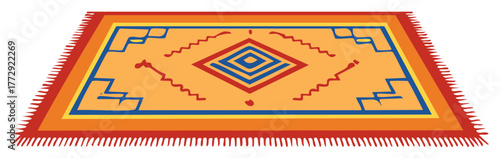 Vibrant Traditional Geometric Pattern Area Rug with Fringes Vector Illustration
