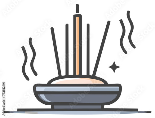 Burning incense sticks in a ceremonial holder with rising smoke and a peaceful atmosphere vector illustration