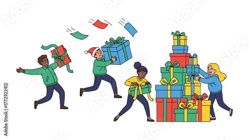 Holiday Gifting Frenzy: A lively illustration captures the spirit of the holiday season, with people joyfully interacting with colorful gift boxes. The scene portrays excitement and festive cheer.