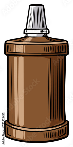 Brown liquid dispenser bottle with a textured silver cap and ribbed body detail