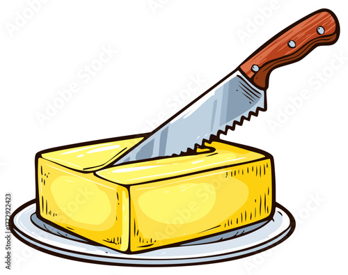 Cartoon illustration of butter block and knife on a plate. Kitchenware concept