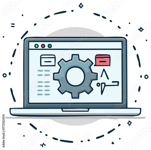 Illustration of a laptop screen displaying a gear and code elements