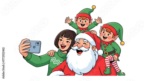 Christmas Selfie: Santa, Elves, and a Woman Capture a festive selfie, spreading holiday cheer and creating lasting memories.