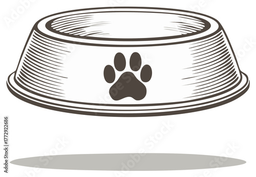 Simple dog bowl with paw print illustration in vintage style