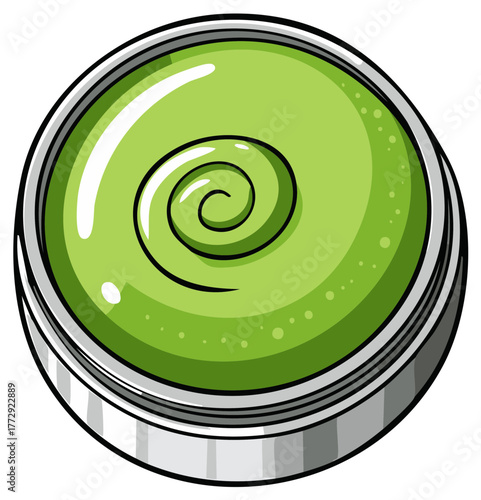 Bright green beauty balm in a metallic container with a swirl illustration