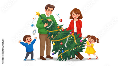 Family Christmas Tree Decoration: A family comes together, decorating a festive Christmas tree, embracing the holiday spirit and creating cherished memories with joy and togetherness.