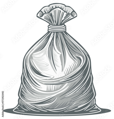 Monochrome vector illustration of a full tied plastic garbage bag or general sack