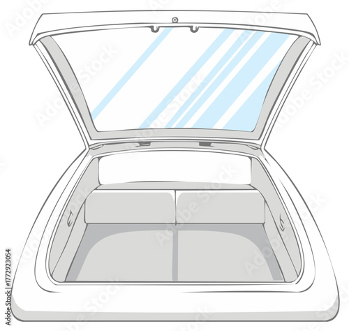 Clean illustration of an open car trunk with folded down rear seats ready for cargo