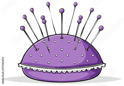 Cartoon Illustration of Purple Pincushion with Sewing Pins