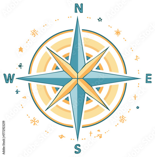 Compass Rose Graphic Design Element with Teal and Yellow, Nautical Direction Illustration