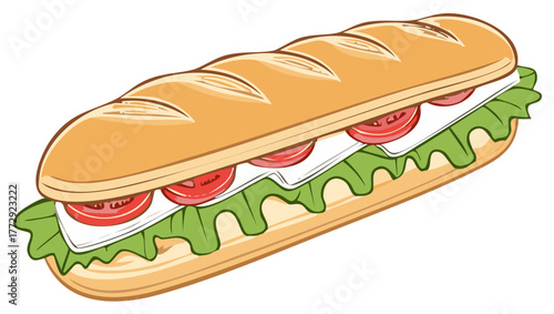 Cartoon illustration of a long baguette sandwich with tomato cheese and lettuce
