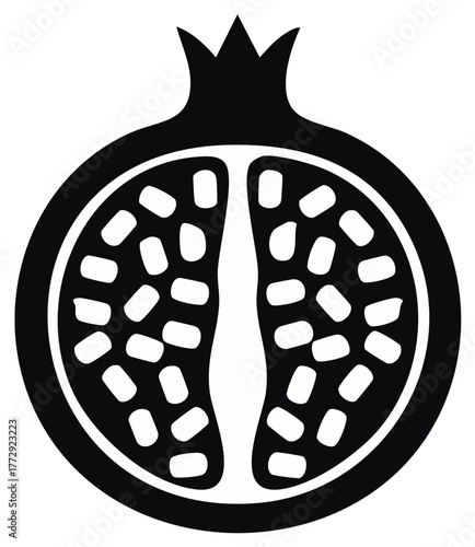 Pomegranate fruit half with crown and seeds simple black vector icon