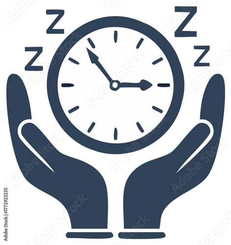 Hands cradling clock with Zzz symbols above convey sleep, rest, calm, and the importance of time management.