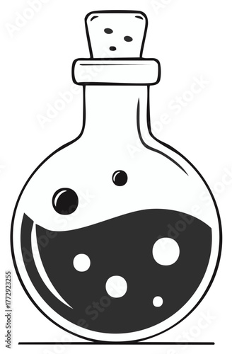 Simple black and white illustration of a magic potion bottle with a bubbling elixir or poison