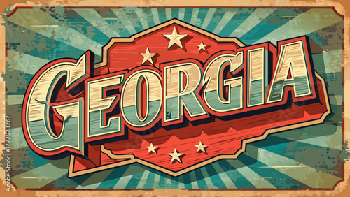 Very beautiful aged and worn wooden sign featuring “Georgia,” with rustic textures, faded paint, and natural weathering, evoking vintage charm and classic Americana style.