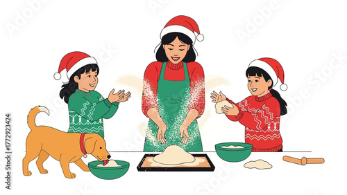 Christmas Baking Delight: A heartwarming Christmas scene with a mother and her two daughters baking, with their dog joining in the fun. Festive hats, floury hands, and delicious dough.