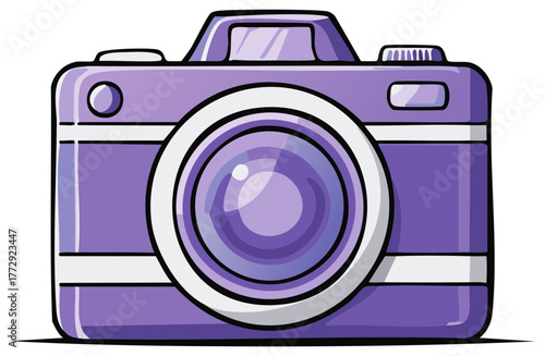 Purple cartoon camera with lens and viewfinder