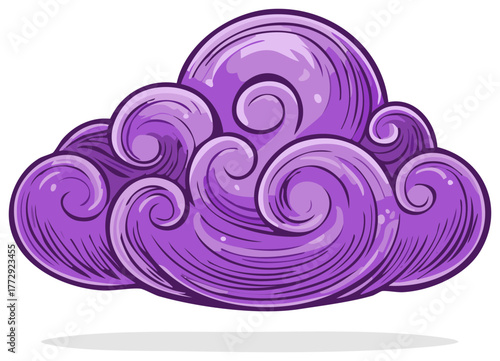 Stylized Purple Swirling Cloud with Retro Engraving Style Detail