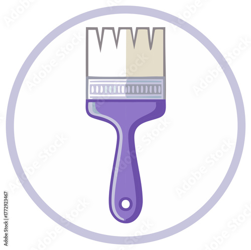 Flat paintbrush with purple handle and light beige bristles inside a circle