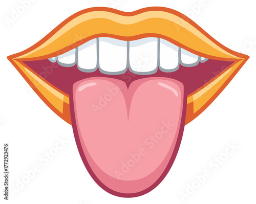 Playful cartoon mouth with orange lips and tongue sticking out vector illustration