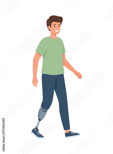 Illustration of a man with a prosthetic leg walking and smiling.