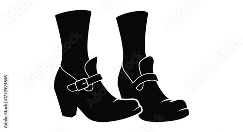 Fashionable black silhouette of stylish high heeled boots with buckle details on a white background