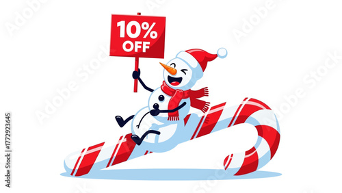 Cheerful snowman offers a festive holiday sale, with a bright red sign. A charming snowman with a carrot nose and a joyful smile rides a giant candy cane.