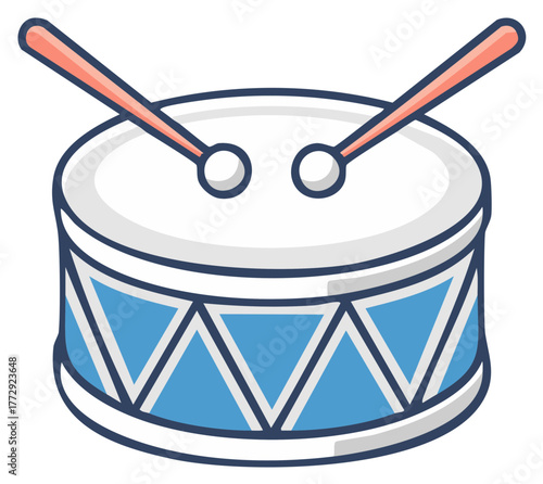 Illustration of a Blue and White Drum with Drumsticks, Music Instrument