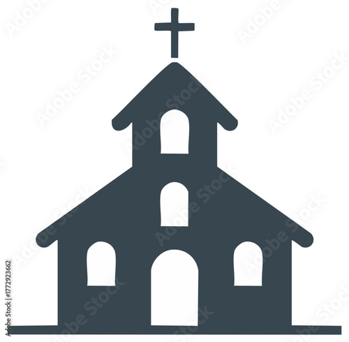 Minimalist church building icon with cross symbol steeple and arched windows