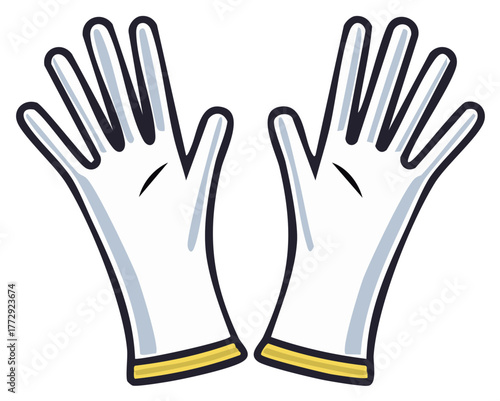 Pair of white cartoon style gloves with yellow cuffs spread open