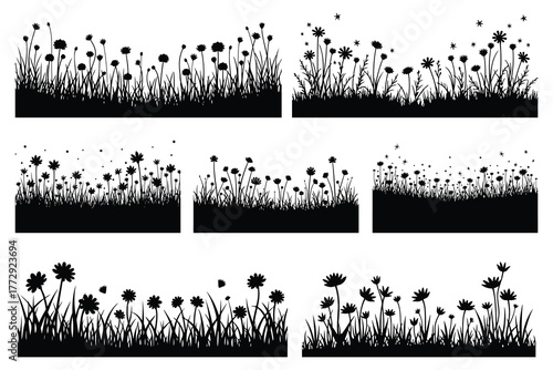 Black silhouettes of wildflowers and grass borders
