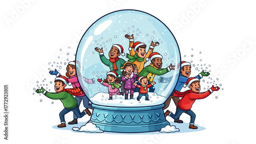 Snow Globe Wonderland: Children of diverse backgrounds revel in a winter wonderland encapsulated within a snow globe. This image symbolizes joy and the magical allure of the holiday season.