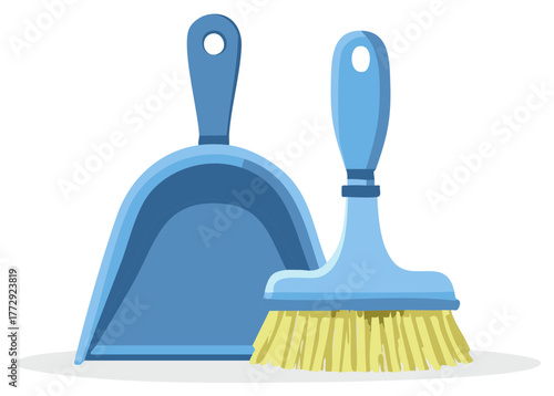 Cartoon Style Illustration of a Blue Plastic Dustpan and Brush for Tidying and Cleaning up Messes