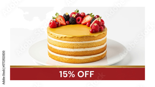 Delicious Celebration Cake: A beautifully crafted cake, adorned with an assortment of fresh berries, promises a symphony of flavors and a delightful visual treat for any occasion.
