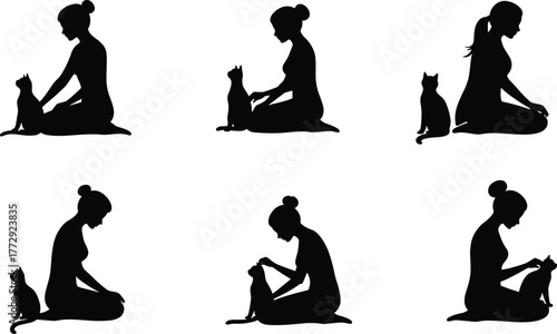 Cat and person silhouette, seated interaction pose, pet care gesture, black icon, vector art, emotional bond, animal companionship