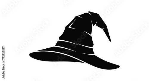 Classic black witch hat silhouette with striped band for halloween and fantasy themes
