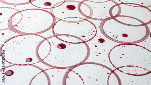 Wine stain rings pattern on white background, abstract circles with splashes and droplets, minimalist texture feels playful and imperfect