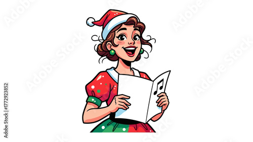 Christmas Carol: A festive individual dressed in a holiday-themed outfit sings carols from a musical score. the scene is filled with happiness, spirit and cheer.
